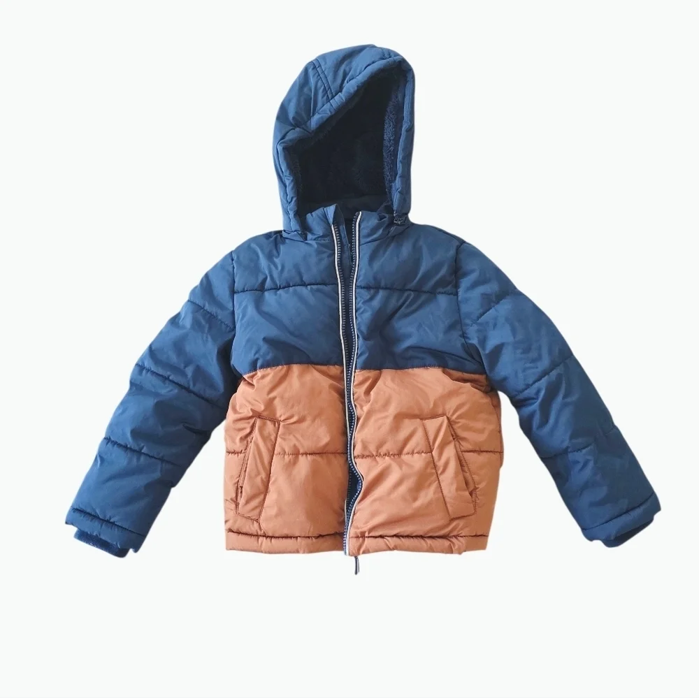 Blue and Brown Puffer Jacket with Hood